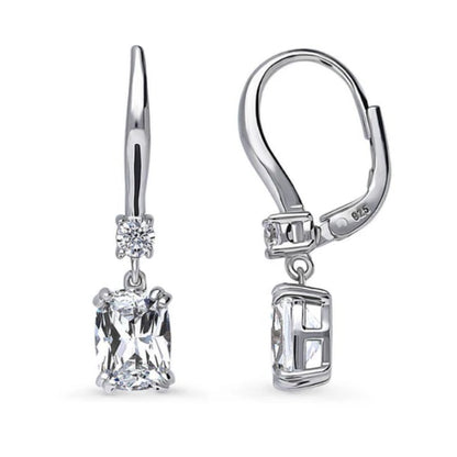 Solitaire 3.2ct Cushion CZ Leverback Dangle Earrings in Sterling Silver