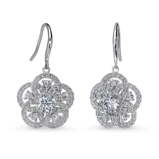 Flower CZ Statement Fish Hook Dangle Earrings in Sterling Silver