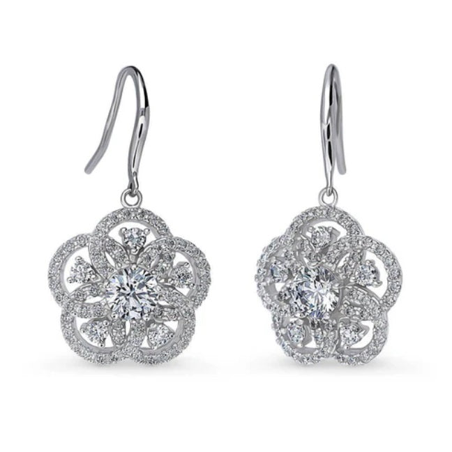 Flower CZ Statement Fish Hook Dangle Earrings in Sterling Silver