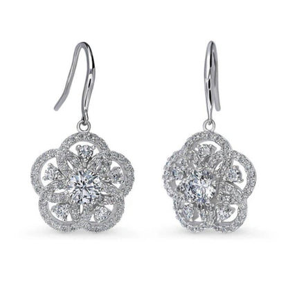 Flower CZ Statement Fish Hook Dangle Earrings in Sterling Silver