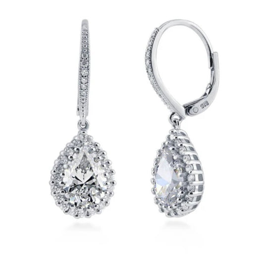 Halo Pear CZ Leverback Dangle Earrings in Sterling Silver