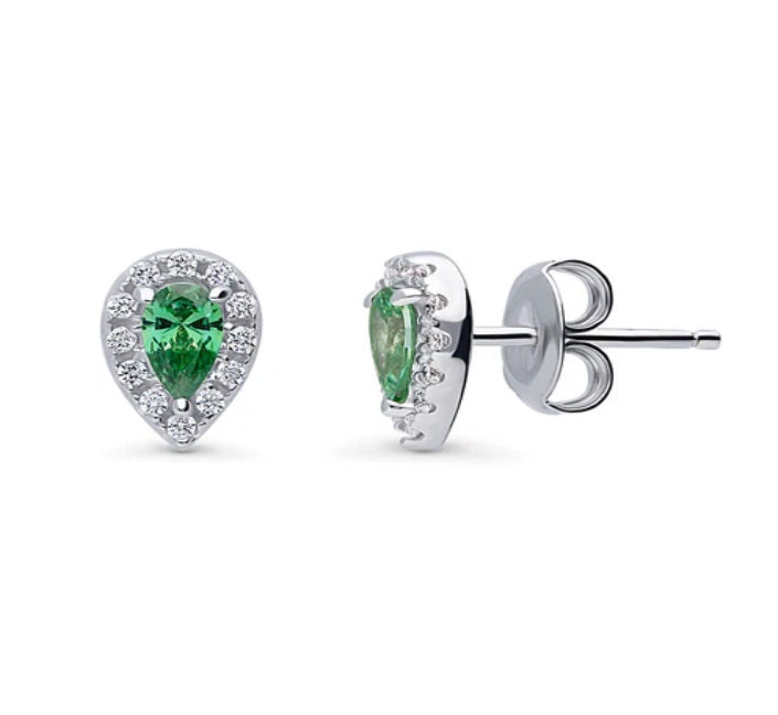 Halo Pear CZ Stud Earrings in Sterling Silver