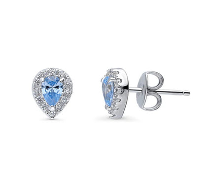 Halo Pear CZ Stud Earrings in Sterling Silver