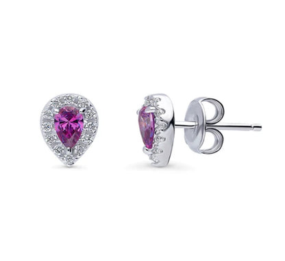 Halo Pear CZ Stud Earrings in Sterling Silver