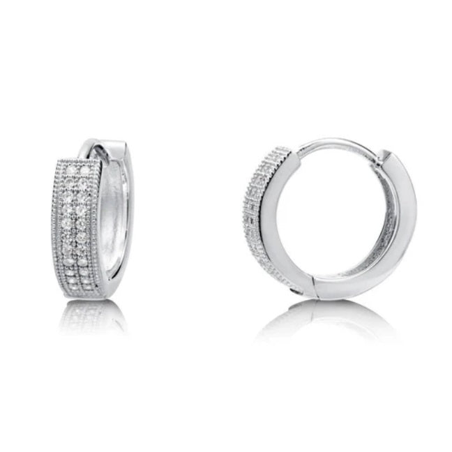 Milgrain CZ Huggie Earrings in Sterling Silver, 2 Pairs