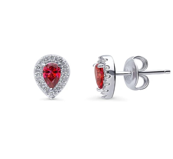 Halo Pear CZ Stud Earrings in Sterling Silver