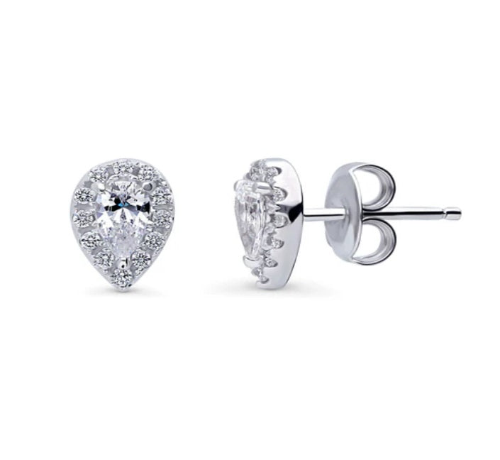 Halo Pear CZ Stud Earrings in Sterling Silver