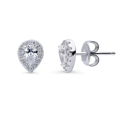 Halo Pear CZ Stud Earrings in Sterling Silver