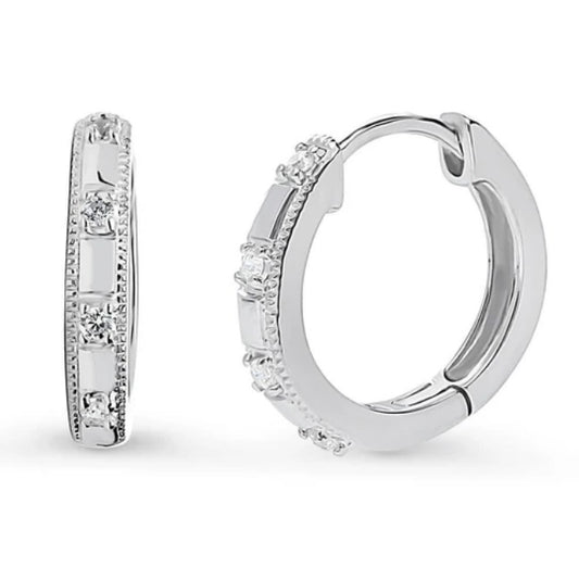 Milgrain CZ Medium Hoop Earrings in Sterling Silver 0.6"