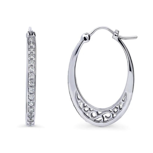 Oval Bar CZ Medium Hoop Earrings in Sterling Silver 1"