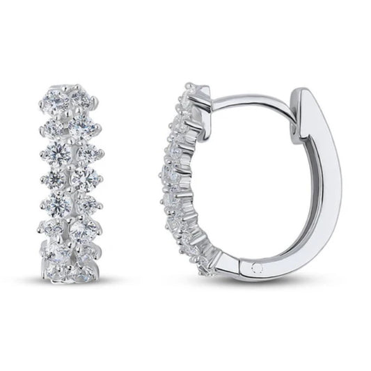 Oval Double Row CZ Medium Huggie Earrings in Sterling Silver 0.6"