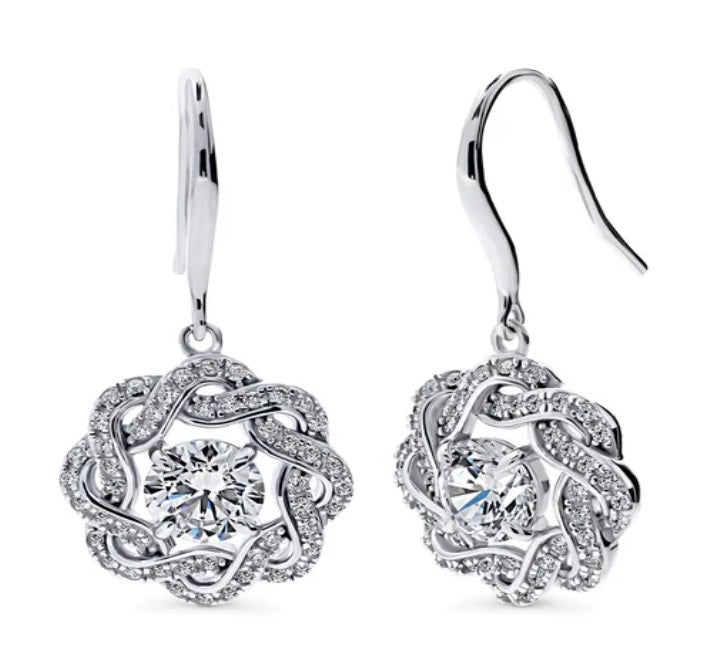 Flower Woven CZ Fish Hook Dangle Earrings in Sterling Silver