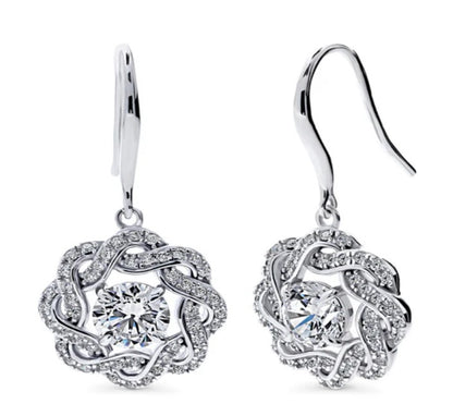 Flower Woven CZ Fish Hook Dangle Earrings in Sterling Silver
