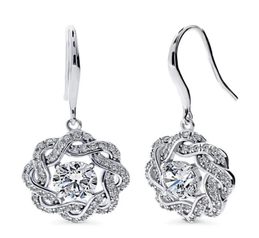 Flower Woven CZ Fish Hook Dangle Earrings in Sterling Silver