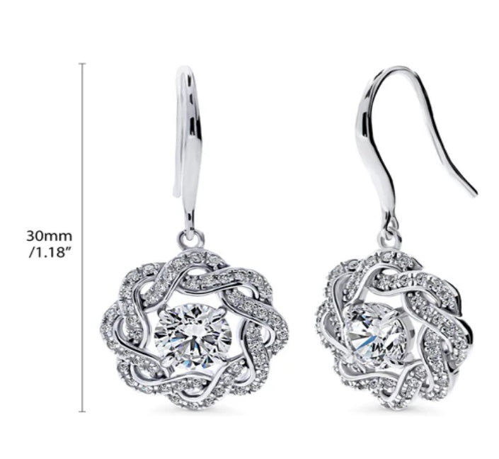 Flower Woven CZ Fish Hook Dangle Earrings in Sterling Silver