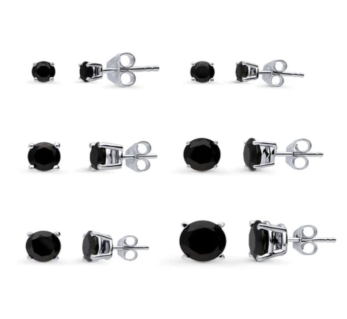 Solitaire Black Round CZ Stud Earrings in Sterling Silver