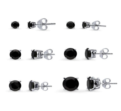 Solitaire Black Round CZ Stud Earrings in Sterling Silver