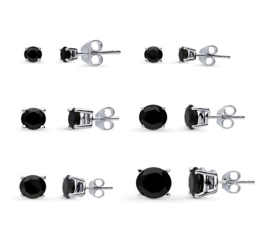 Solitaire Black Round CZ Stud Earrings in Sterling Silver
