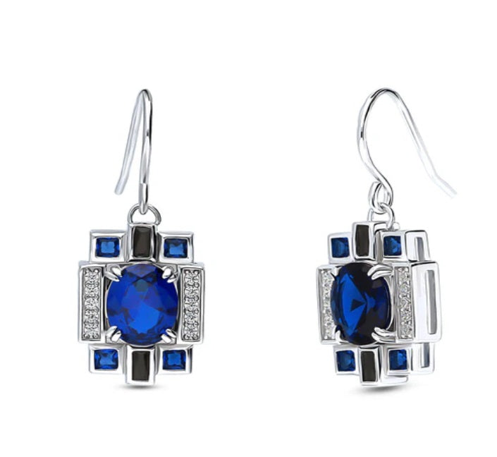 Art Deco Simulated Blue Sapphire CZ Dangle Earrings in Sterling Silver