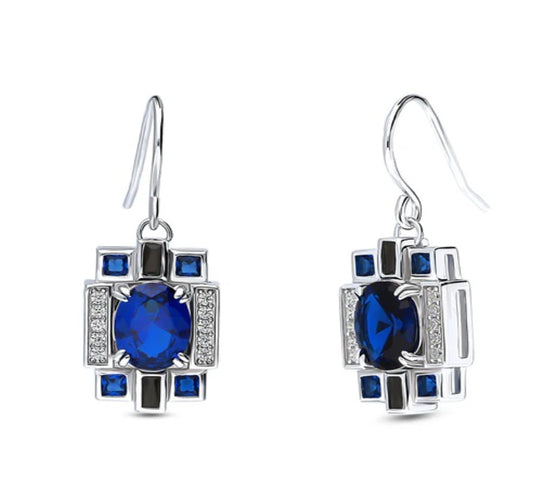 Art Deco Simulated Blue Sapphire CZ Dangle Earrings in Sterling Silver