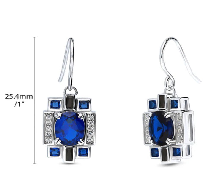Art Deco Simulated Blue Sapphire CZ Dangle Earrings in Sterling Silver