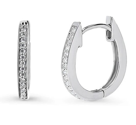 Oval Bar CZ Medium Hoop Earrings in Sterling Silver 0.6"