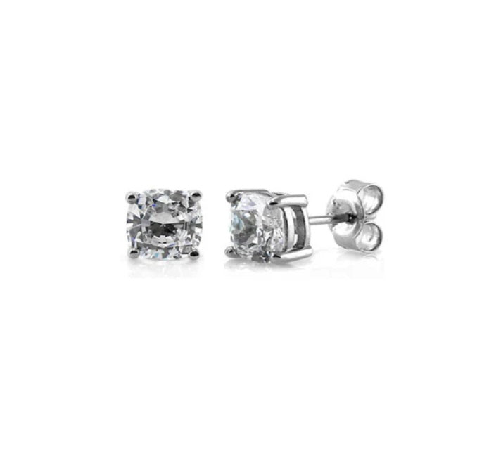 Solitaire Cushion CZ Stud Earrings in Sterling Silver