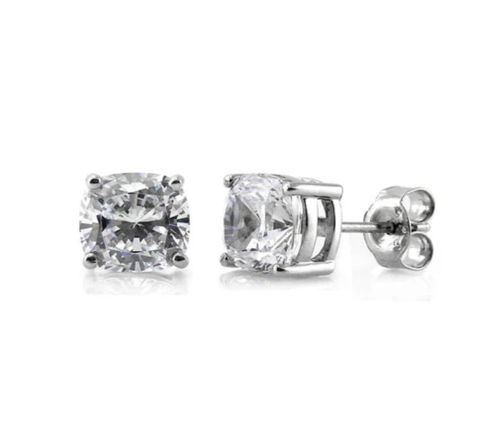 Solitaire Cushion CZ Stud Earrings in Sterling Silver