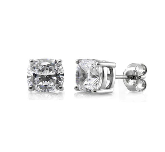 Solitaire Cushion CZ Stud Earrings in Sterling Silver