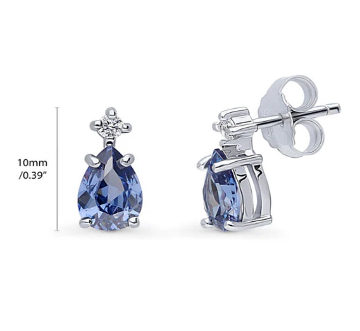 2-Stone Simulated Blue Tanzanite CZ Stud Earrings in Sterling Silver
