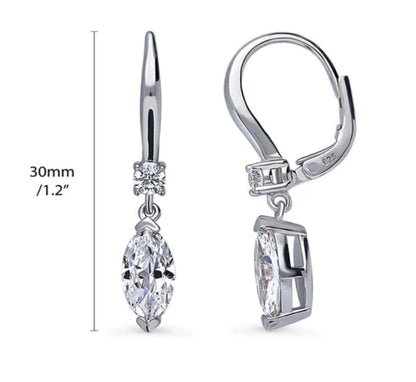 Solitaire 2ct Marquise CZ Leverback Dangle Earrings in Sterling Silver