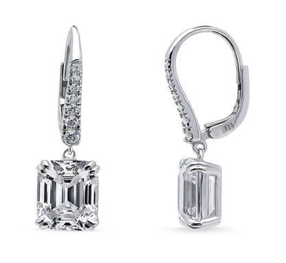 Solitaire 7.6ct Emerald Cut CZ Leverback Earrings in Sterling Silver