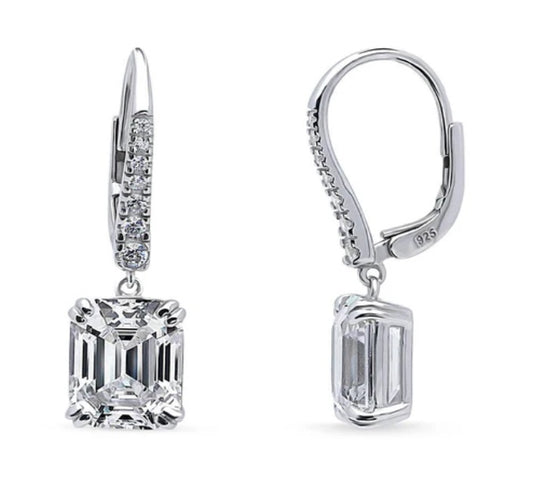 Solitaire 7.6ct Emerald Cut CZ Leverback Earrings in Sterling Silver