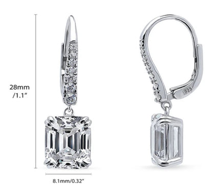 Solitaire 7.6ct Emerald Cut CZ Leverback Earrings in Sterling Silver