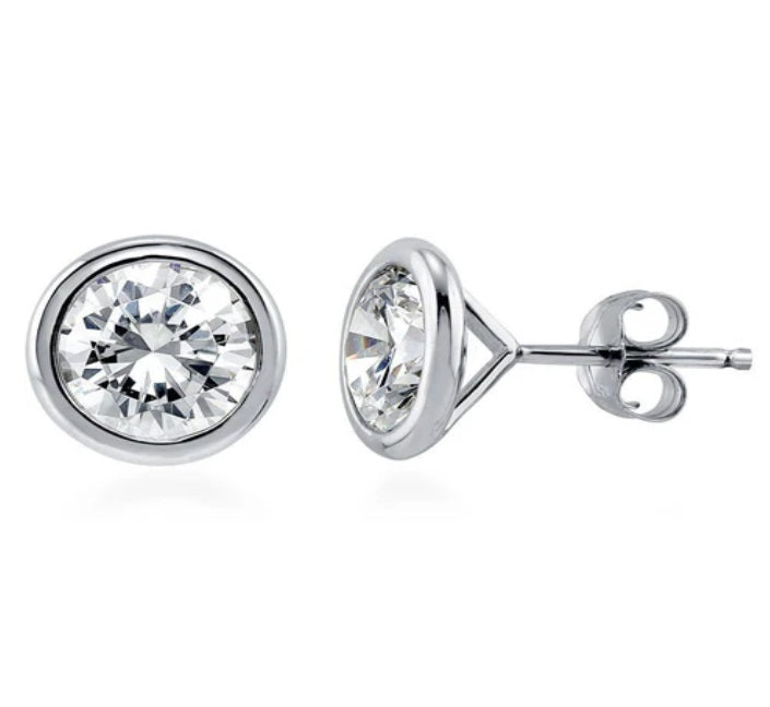 Solitaire Bezel Set Round CZ Stud Earrings in Sterling Silver