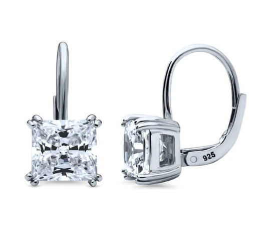 Solitaire 4ct Princess CZ Leverback Dangle Earrings in Sterling Silver