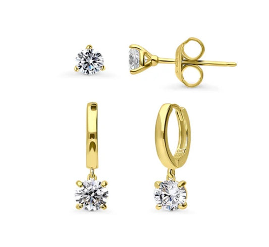 Solitaire 1.6ct Round CZ 2 Pairs Earrings Set in Sterling Silver