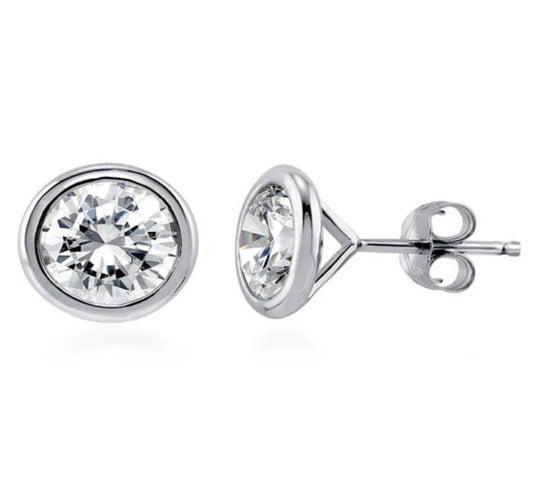 Solitaire Bezel Set Round CZ Stud Earrings in Sterling Silver