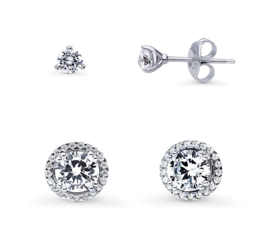 Halo Solitaire Round CZ Stud Earrings in Sterling Silver, 2 Pairs