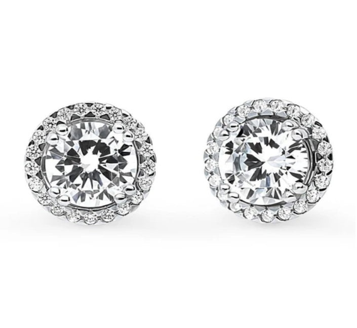 Halo Solitaire Round CZ Stud Earrings in Sterling Silver, 2 Pairs