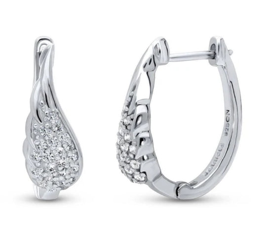 Oval Angel Wings CZ Medium Hoop Earrings in Sterling Silver 0.8"
