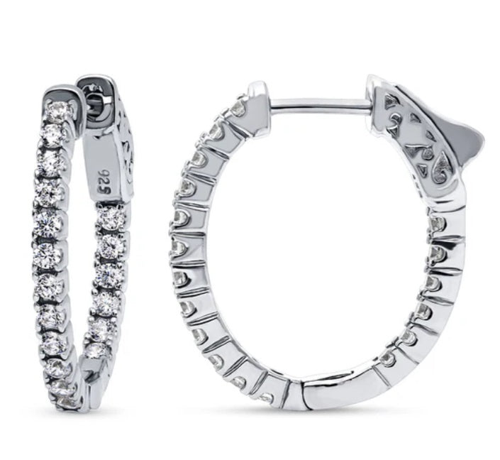 Oval CZ Medium Inside-Out Hoop Earrings in Sterling Silver 0.84"