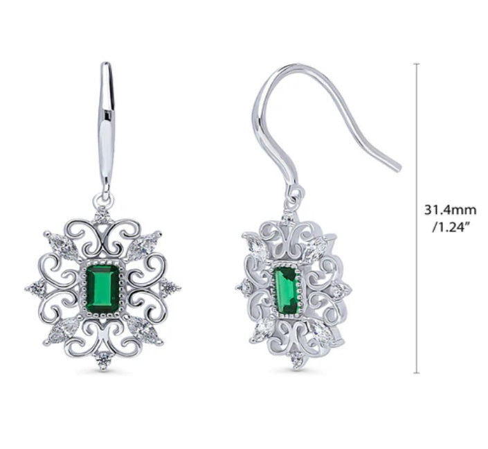 Art Deco Filigree Green CZ Fish Hook Dangle Earrings in Sterling Silver