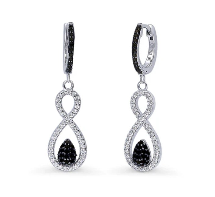 Black and White Woven CZ Dangle Earrings in Sterling Silver