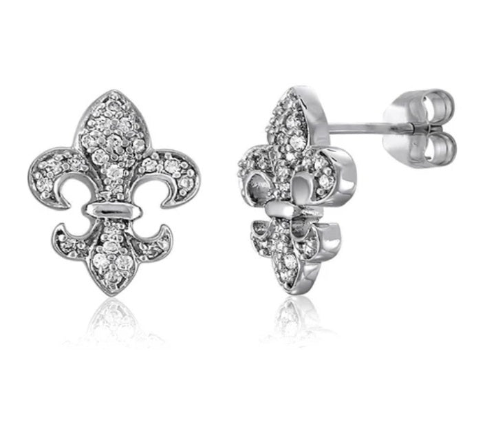Fleur De Lis CZ Stud Earrings in Sterling Silver