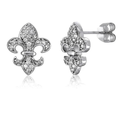 Fleur De Lis CZ Stud Earrings in Sterling Silver