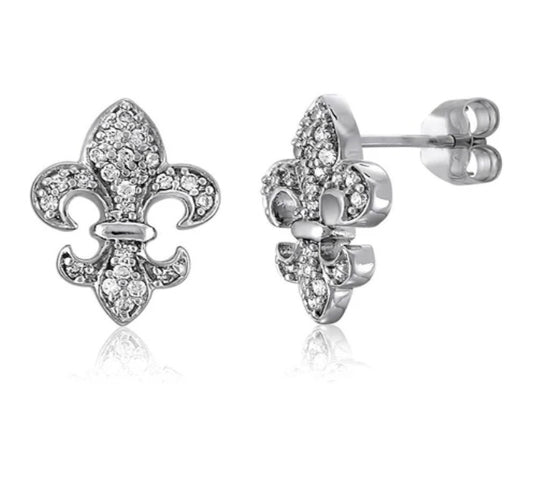 Fleur De Lis CZ Stud Earrings in Sterling Silver
