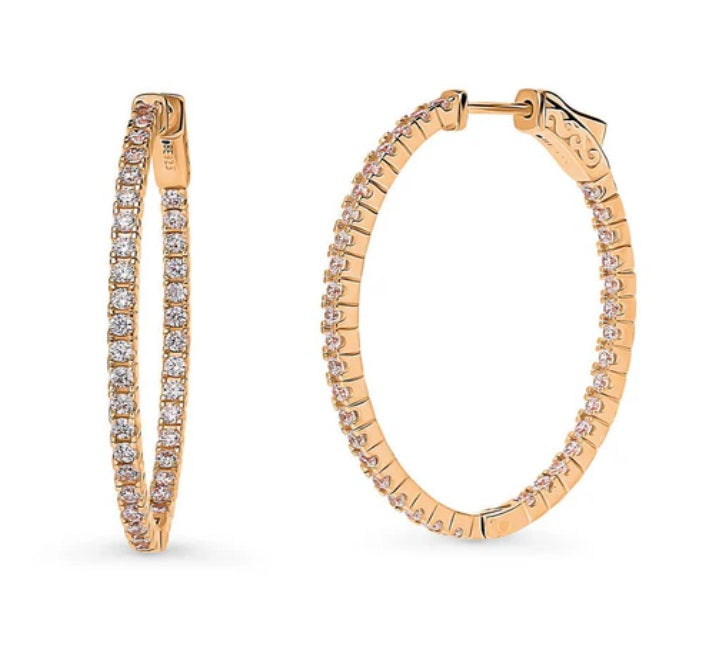 Oval CZ Medium Inside-Out Hoop Earrings in Sterling Silver 1.4"