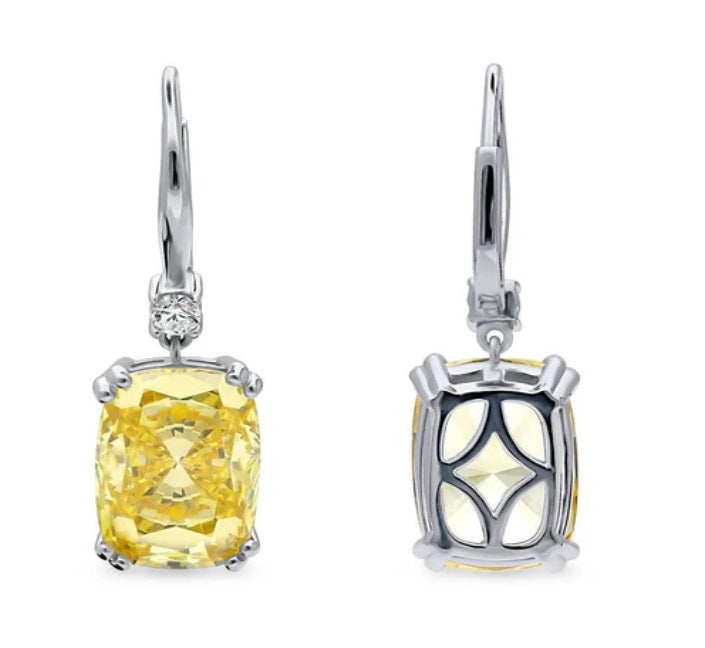 Solitaire Canary Cushion CZ Leverback Earrings in Sterling Silver 18ct