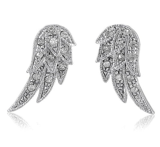 Angel Wings CZ Stud Earrings in Silver-Tone